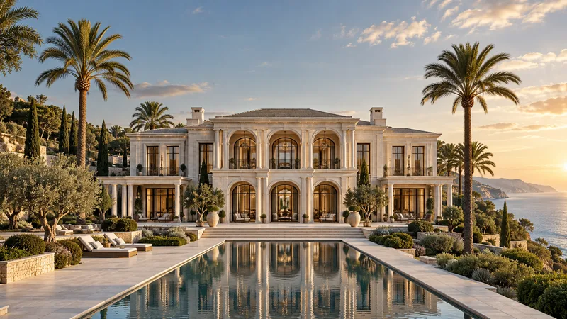 Illustrative grand limestone coastal residence and reflecting pool at golden hour