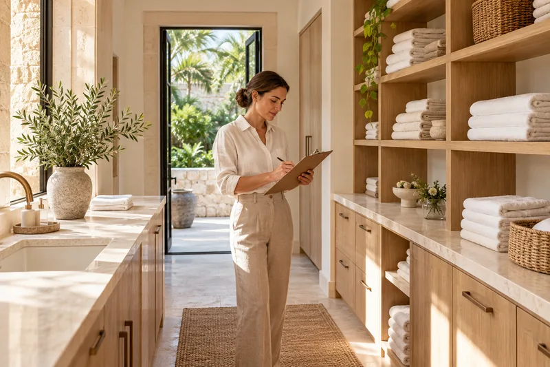 Illustrative linen room and property coordinator checking a clipboard