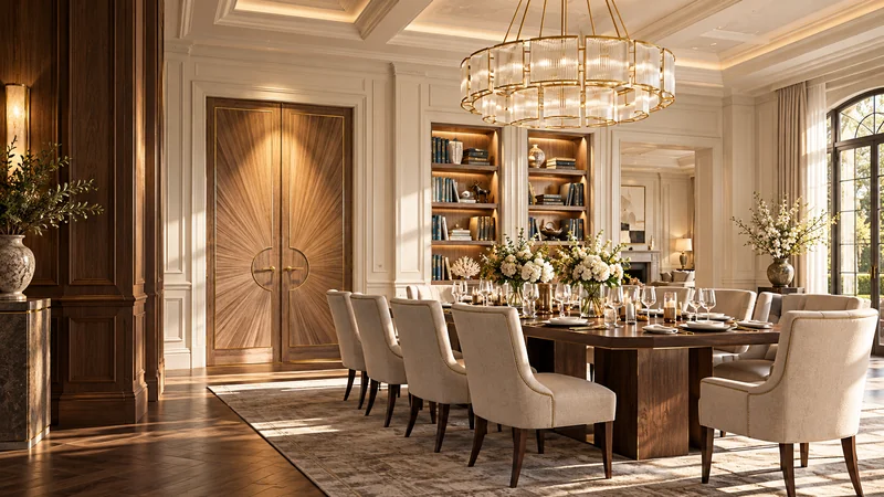 Illustrative grand dining room with sunburst walnut doors, cream panelling and a brass chandelier