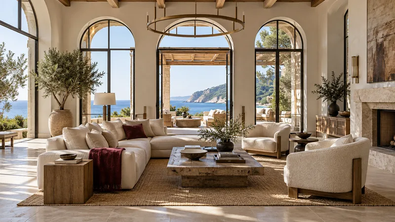 Illustrative coastal living room with arched openings