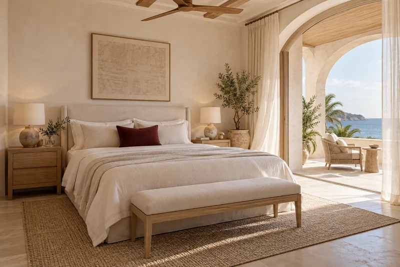 Illustrative ivory guest bedroom opening onto a sea-facing balcony